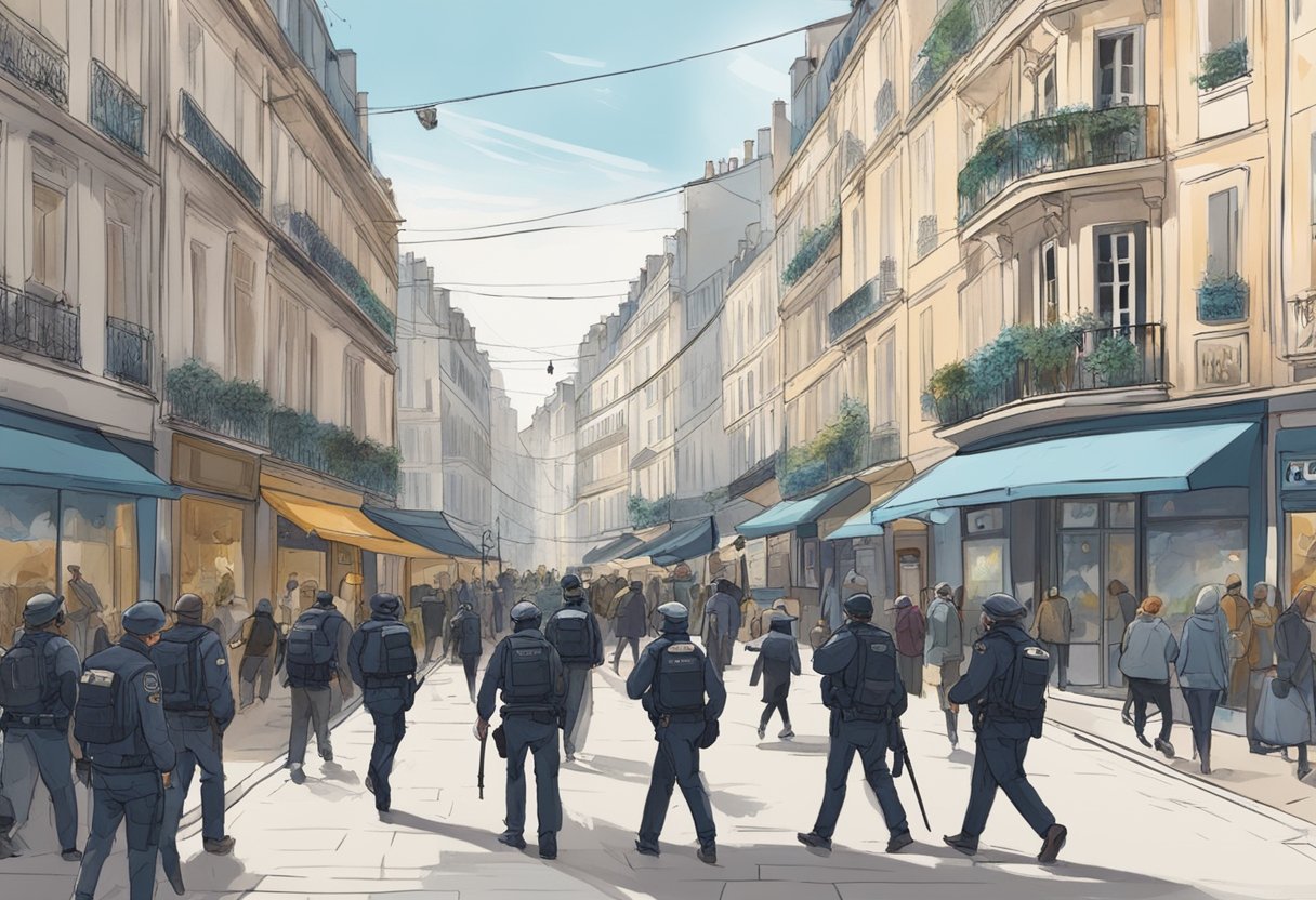 Une rue française animée en 2025, avec des incidents d'agression en augmentation. Les gens marchent nerveusement, tandis que la police patrouille dans la zone.