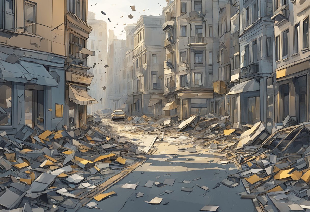 Une rue de ville chaotique avec des fenêtres brisées et des débris éparpillés, symbolisant le phénomène de la violence insensée.