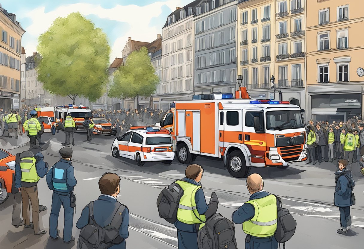 Des véhicules d'urgence et des responsables entourent la scène d'un attentat à la bombe à Mulhouse, en France, tandis que des témoins regardent avec choc et peur.