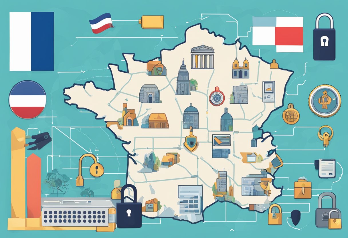 Un écran d'ordinateur affichant une carte de la France avec divers icônes de cybersécurité et des cadenas l'entourant